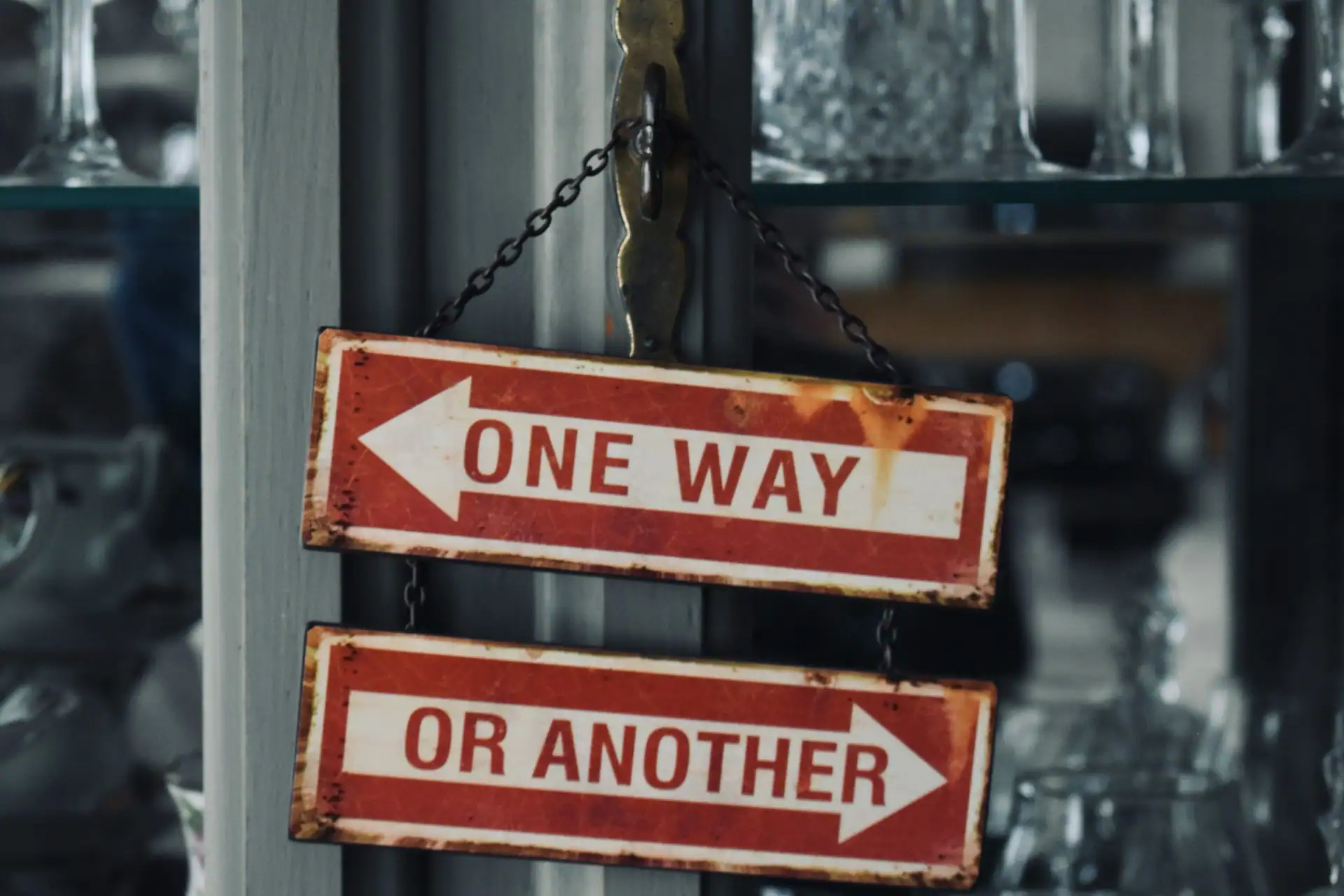 Two signs point in opposite directions, marked “One Way” and “Or Another”