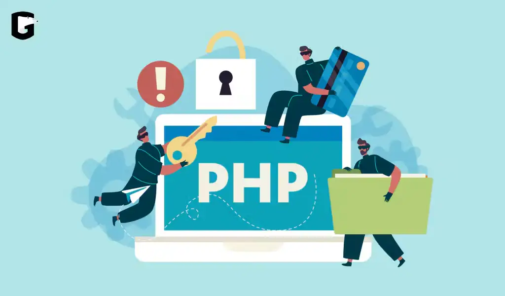Illustration of people interacting with a PHP laptop, warning sign, and unlocked padlock