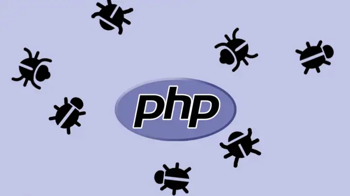 PHP logo surrounded by bug symbols