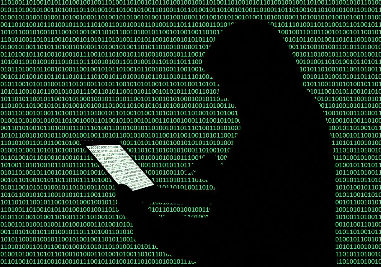 Shadowy figure against a background of green binary code